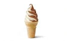 a close up of an ice cream cone with a swirl of ice cream on a white background .