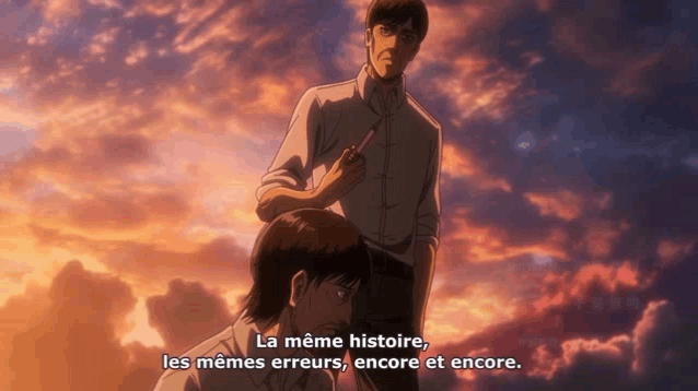 a man in a white shirt stands next to another man with the words la meme histoire les meme erreurs encore et encore