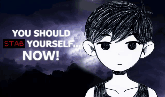 a drawing of a boy with the words " you should stab yourself now " below him