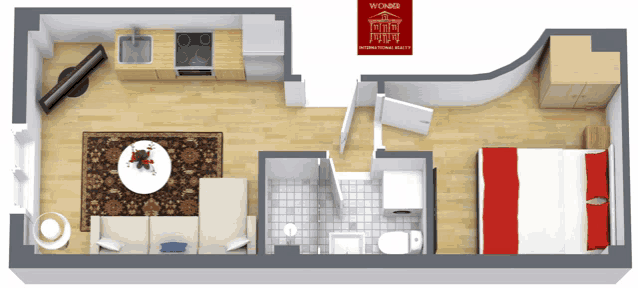 a floor plan of a small apartment with a sign that says ' wohnung international realty ' on it