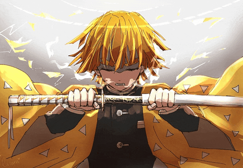 a drawing of a boy with yellow hair holding a sword with triangles on his cape