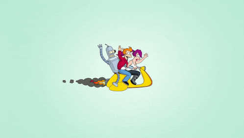 futurama characters riding on a yellow scooter with smoke coming out of it