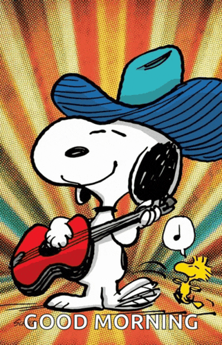 a cartoon of snoopy playing a guitar with the words good morning below