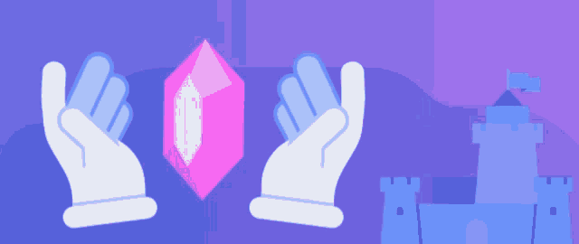 a purple background with two hands holding a pink diamond