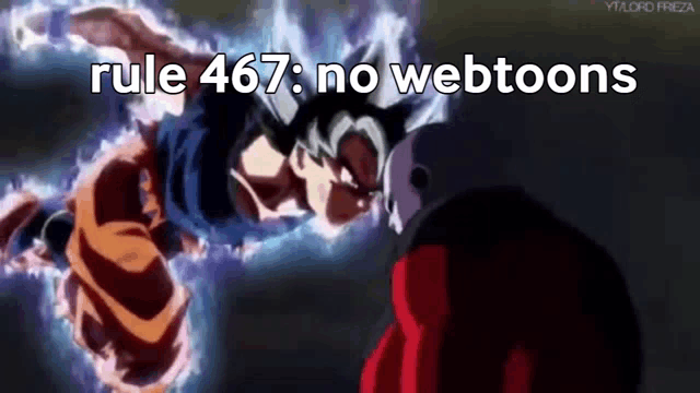 a cartoon of a man flying through the air with the words `` rule 467 : no webtoons '' written above him .