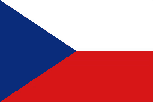 a red white and blue flag with a blue triangle in the middle