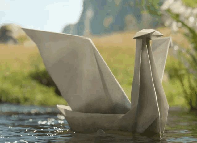 an origami swan is floating on top of a river