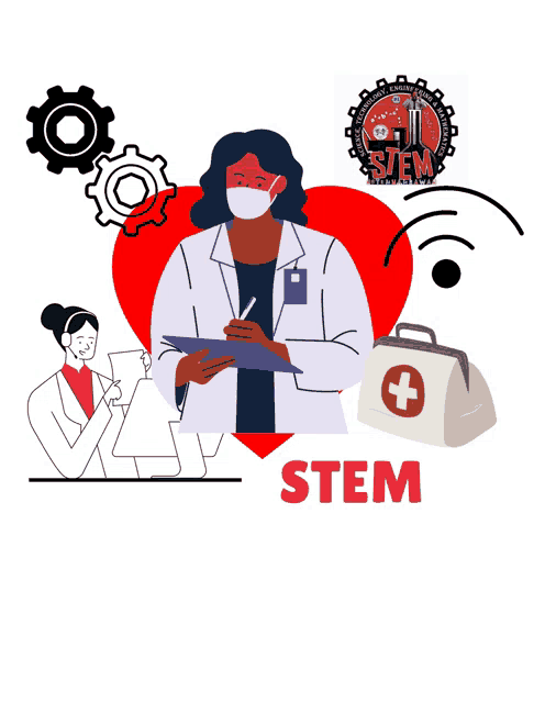 an illustration of a doctor with a heart and the word stem on the bottom