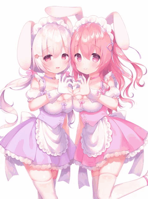 two anime girls wearing bunny ears and aprons are kneeling next to each other