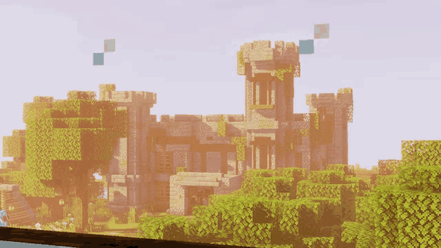 a minecraft screenshot of a castle with trees in the foreground