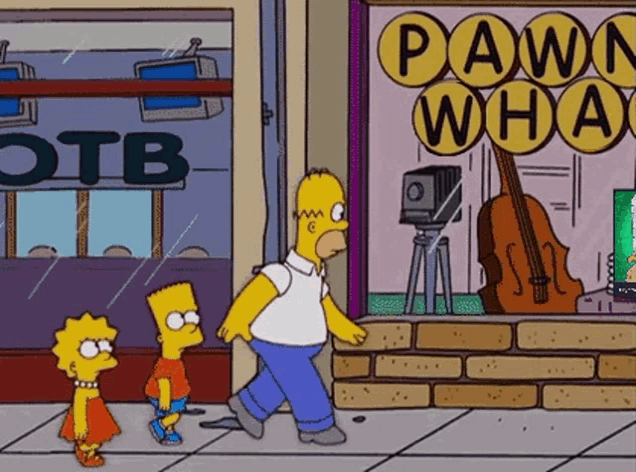 homer simpson and bart simpson are walking in front of a pawn shop .