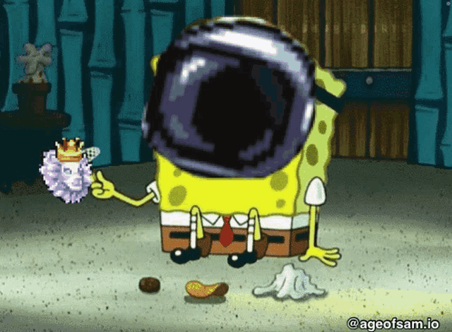 a cartoon of spongebob holding a purple flower with ageofsam.io in the corner