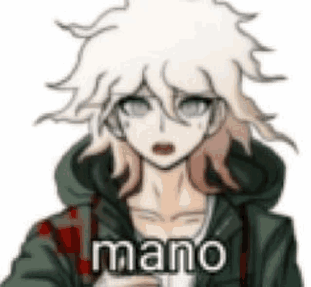 a cartoon character with white hair and a hoodie is holding a piece of paper and saying mano .