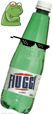 a green bottle of fiuggi water with a frog sticker on it