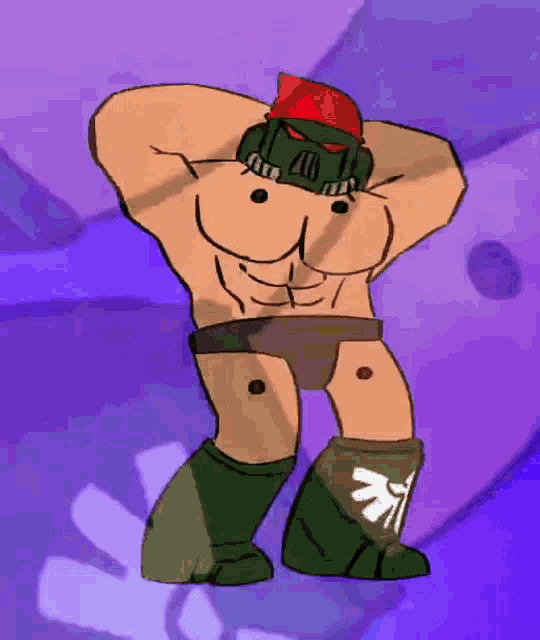 a cartoon character without a shirt is wearing a red hat and green boots