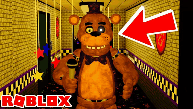 a brown teddy bear is holding a microphone in a hallway with a red arrow pointing to the right