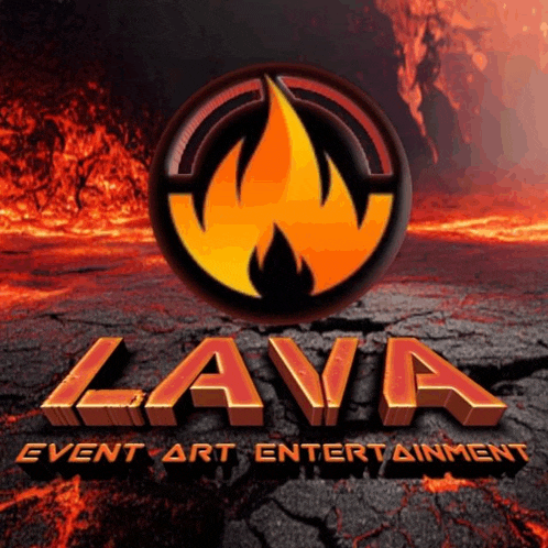 a logo for lava event art entertainment with a fireball in the center