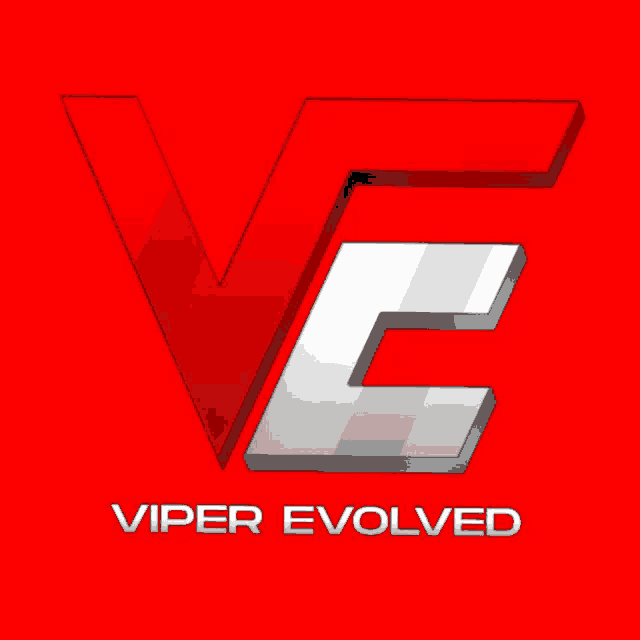 a red logo for viper evolved with a white letter e