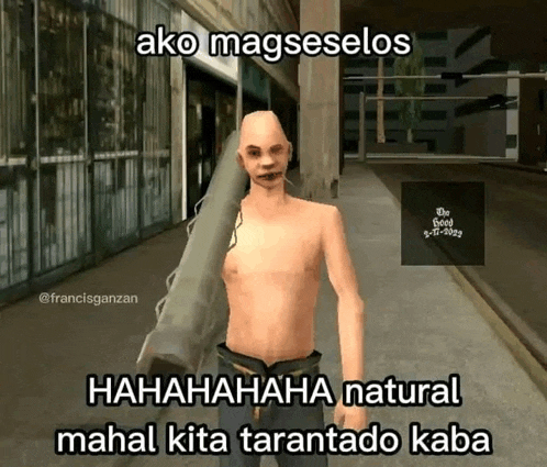 a man without a shirt is in a video game with a caption that says " ako magseselos "