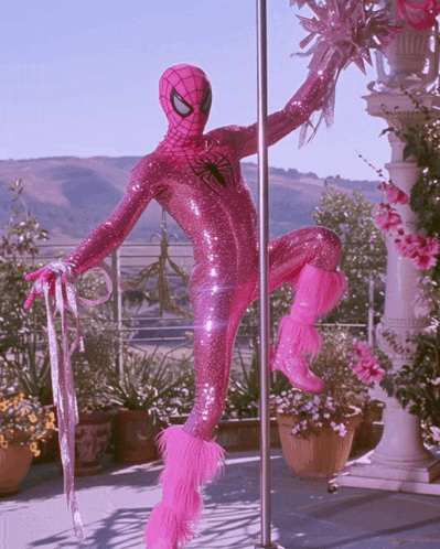 a person dressed in a pink spiderman costume is standing on a pole