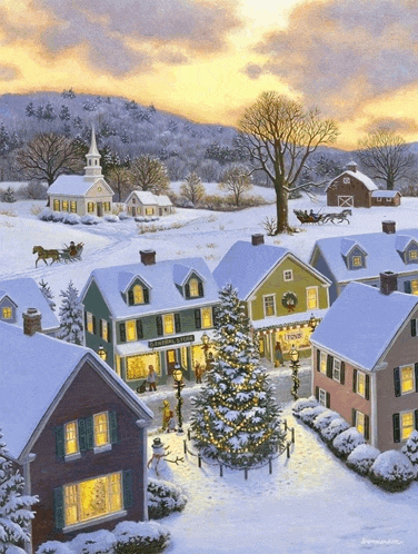 a painting of a snowy village with a christmas tree