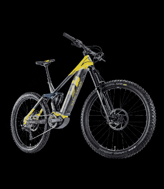 a yellow and black hard cross bicycle with a black background