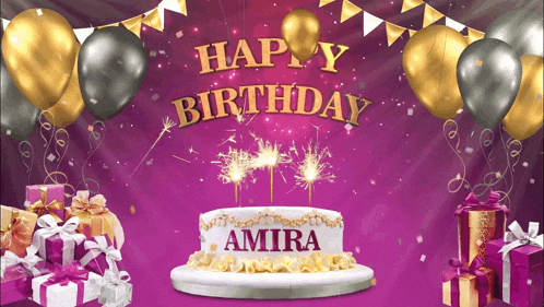 a birthday cake with the name amira on it is surrounded by balloons and presents