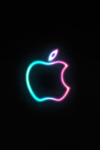 the apple logo is glowing in blue and pink on a black background