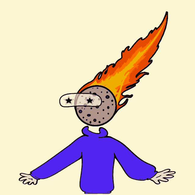 a cartoon drawing of a person with a flaming head