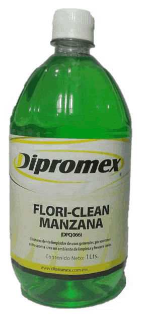 a bottle of dipromex flori-clean manzana has a green liquid