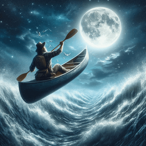 a man in a canoe with oars in the ocean looks at the moon