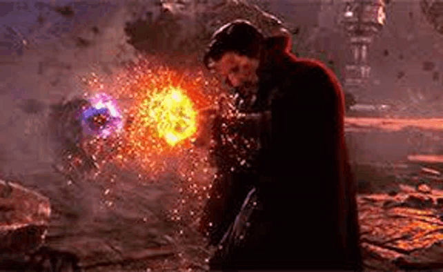 doctor strange is kneeling down in front of a fireball in a video game while holding a sword .