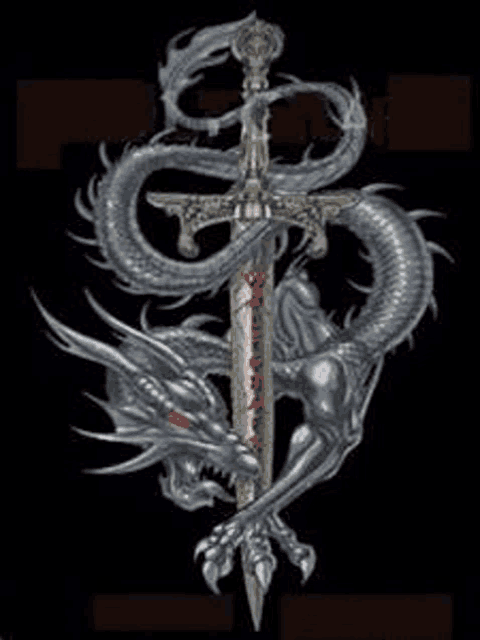 a dragon is wrapped around a sword with a cross in the background .