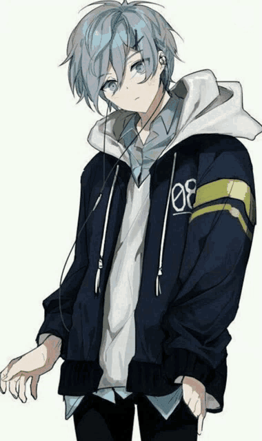 a drawing of a boy with blue hair wearing a hoodie with the number 08 on it