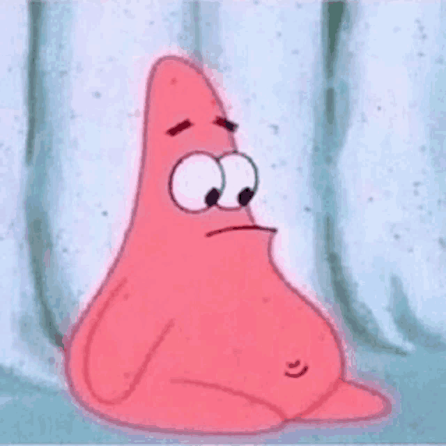 patrick star from spongebob squarepants is sitting down with his eyes closed and a sad look on his face .