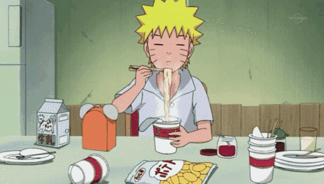 a cartoon character is eating noodles from a cup