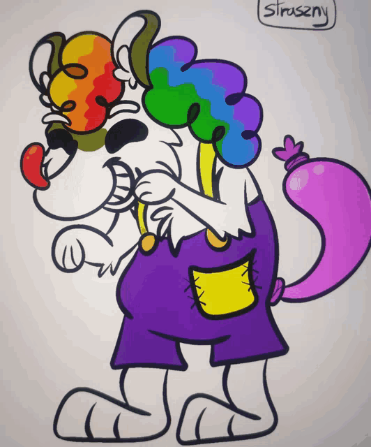 a drawing of a dog dressed as a clown with the name struszny below it