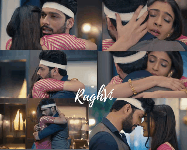 a collage of pictures of a man and a woman hugging with the word raghvi on the bottom right