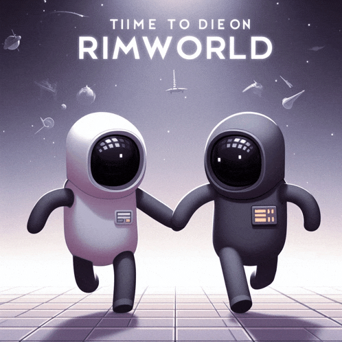 a poster for rimworld shows two astronauts running together