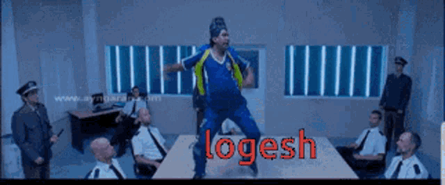 a man in a blue and yellow shirt is dancing in front of a group of police officers and the word logesh is on the screen