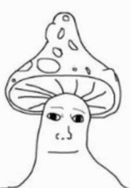 a black and white drawing of a mushroom with a human face on it .