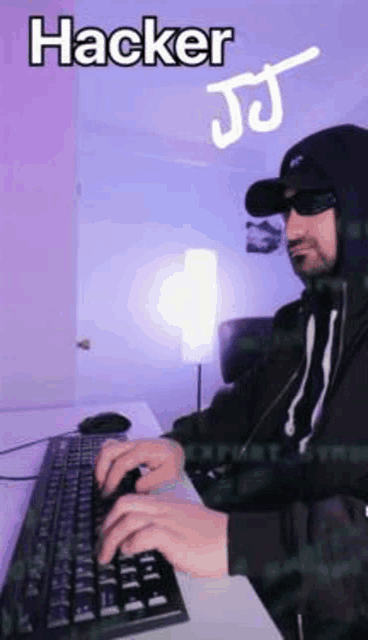 a man in a hoodie is typing on a keyboard with the words hacker jj above him .