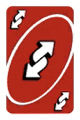 a red uno card with two white arrows pointing in opposite directions on it .