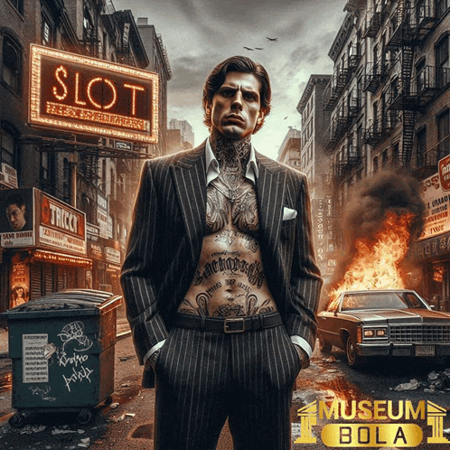 a man in a suit stands in front of a sign that reads slot