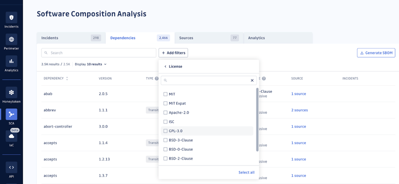 GitGuardian SCA Dependencies screen with the License filter open