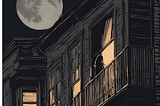 Black and white drawing of a teenage girl sneaking out her bedroom window at night. A huge full moon in the background and a teenage boy in the distance.