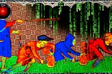 A medieval tapestry depicting an overseer gesturing imperiously with his stick at three bent peasants who are grubbing in a field. The image has been altered. Contrasts and colors have been pushed into psychedelic pinks, greens and blues. Part of the tapestry fades into a ‘code waterfall’ effect as seen in the credit sequences of the Wachowskis’ ‘Matrix’ movies. The overseer’s head has been replaced with the hostile red eye of HAL 9000 from Kubrick’s ‘2001: A Space Odyssey.’ Image: Cryteria (mo
