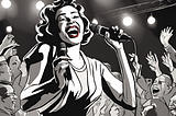 Drawing of a woman with a microphone in her hand, laughing on stage, audience with hands in the air and laughing too.