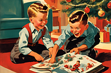 !950s colored drawing of two brothers looking at the Christmas catalog.