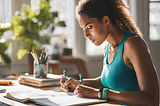 A woman wearing workout clothes sitting at a desk, writing in her day planner.